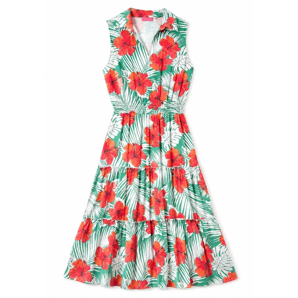 Alex & Parker Tropical Hibiscus Floral Tiered Midi Dress Green Red Small AP326